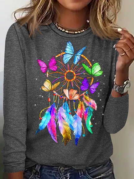 

Women's Fancy Butterfly Dreamcatcher print Crew Neck Casual Shirt, Gray, Long sleeves