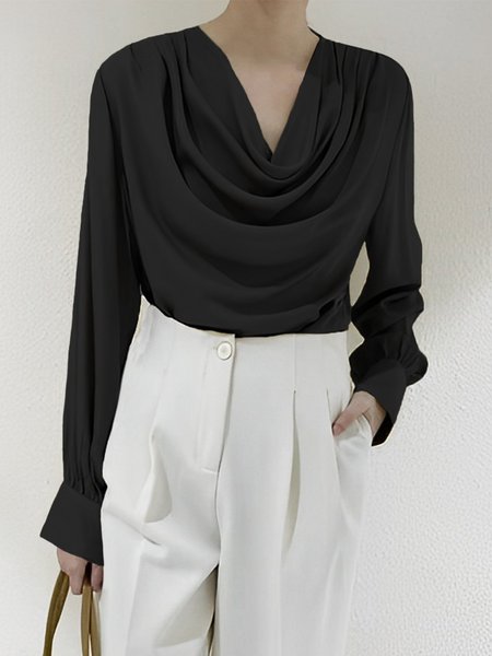 

Elegant Loose Plain Long Sleeve Blouse, Black, Blouses and Shirts