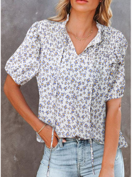 

V Neck Floral Casual Loose Shirt, White, Shirts & Blouses
