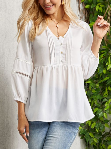 Loose Casual Plain V Neck Blouse, White, Shirts & Blouses