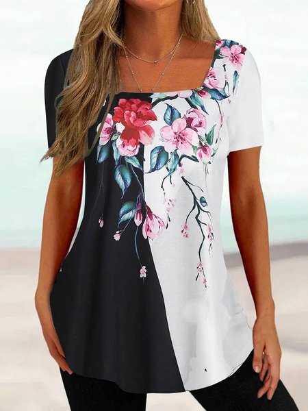 

Floral Square Neck Casual T-Shirt, Multicolor, T-Shirts