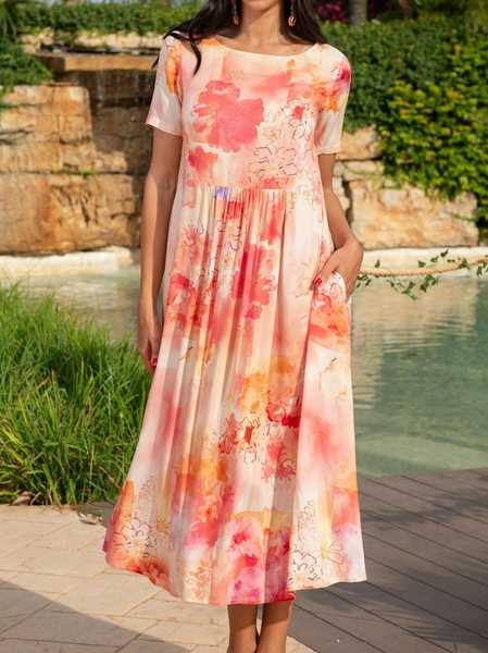 

Floral Casual Regular Fit Crew Neck Dress, Multicolor, Midi Dresses