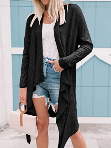 

Plain Casual Wrap Loose Trench Coat, Black, Trench Coats