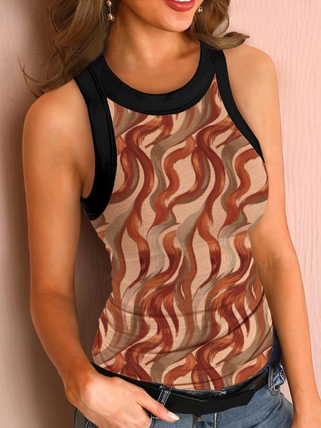 

Crew Neck Tight Simple Sleeveless T-Shirt, Brown, Tees