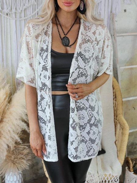 

Lace Plain V Neck Casual Leather & Faux Leather, White, Cardigans