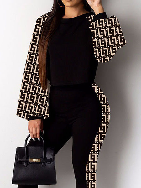 

High Elasticity Geometric Crew Neck Long sleeve Casual Sweatshirt, Black, Hoodies and Sweatshirts