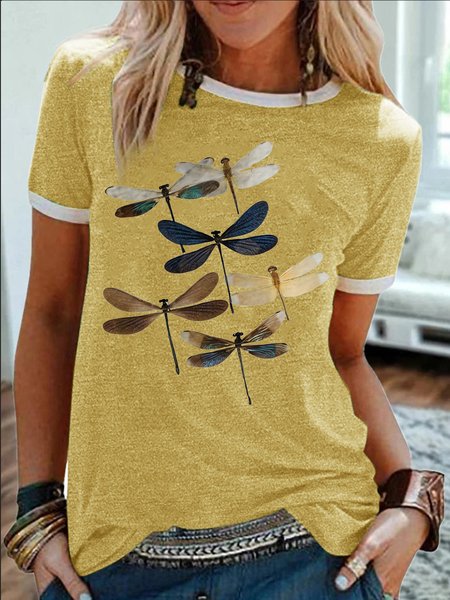 

Women's Dragonfly Funny Graphic Printing Regular Fit Casual Cotton-Blend T-Shirt, Yellow, T-shirts