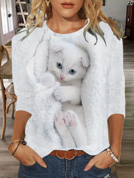 

Women's Funny Cat Regular Fit Simple Cat Crew Neck Shirt, White, Long sleeves