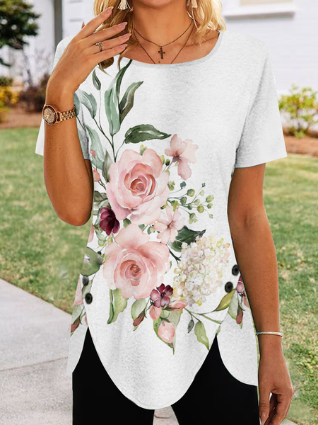 

Loose Crew Neck Floral Vacation Shirt, White, Shirts & Blouses