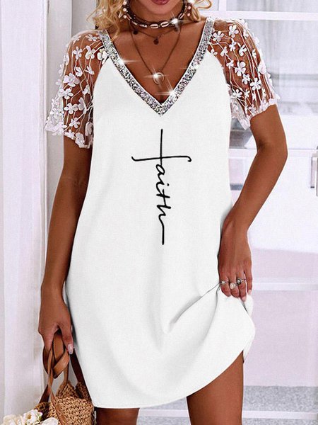 

Casual Regular Fit Text Letters V Neck Dress, White, Dresses