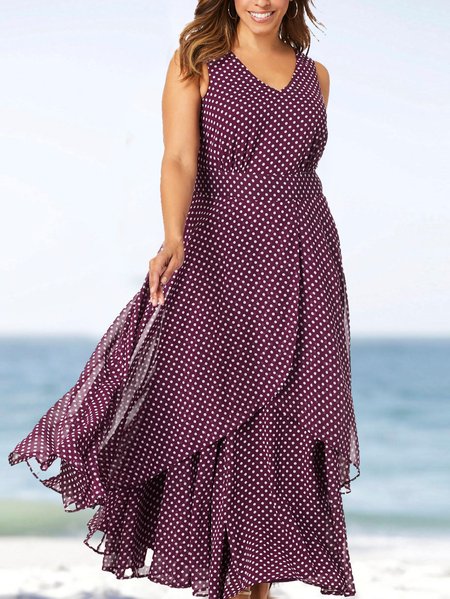 

Plain Boho Regular Fit V Neck Dress, Wine red, Dresses