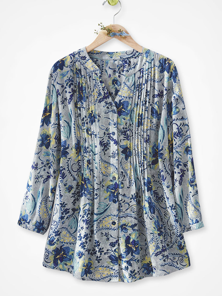 

V Neck Loose Buttoned Boho Blouse, Blue, Shirts & Blouses
