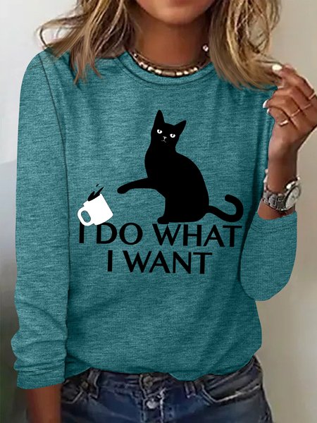 

Women's I Do What I Want Funny Back Cat Drink Coffee Graphic Printing Regular Fit Text Letters Casual Crew Neck Shirt, Green, Long sleeves