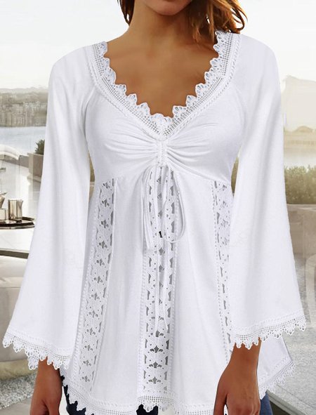 

Lace V Neck Cotton-Blend Casual Plain T-Shirt, White, T-Shirts