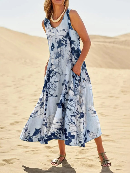 

Floral Regular Fit Casual Crew Neck Dress, White, Midi Dresses