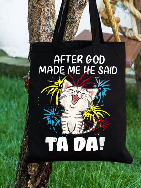 

Women's Funny Cat After God Made Me He Said Ta Da Shopping Tote, Black, Bags