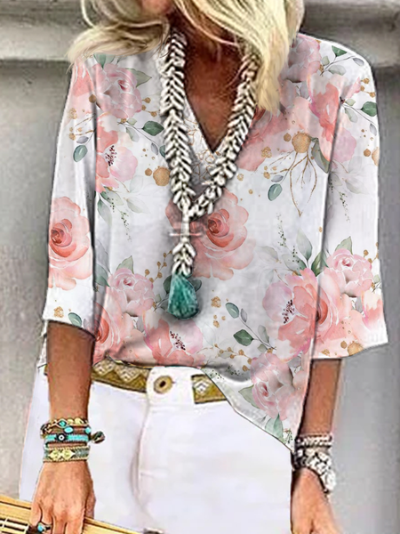 

Loose V Neck Floral Casual Shirt, Pink, Shirts & Blouses
