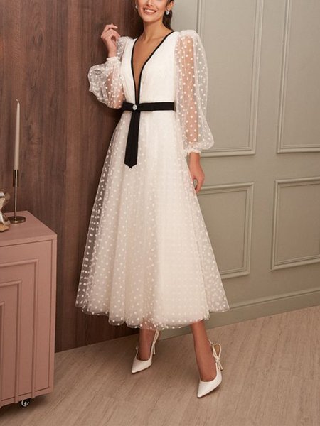 

V Neck Regular Fit Plain Elegant Midi Wedding Party Polyester Dress, White, Midi Dresses