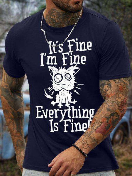 

Men's It Is Fine I Am Fine Everything Is Fine Funny Dog Printing Crew Neck Text Letters Casual Cotton T-Shirt, Purplish blue, T-shirts