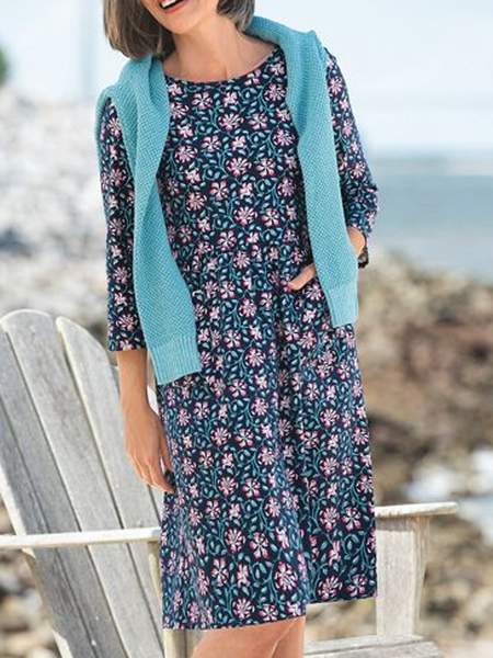 

Casual Crew Neck Floral Regular Fit Dress, Navyblue, Dresses