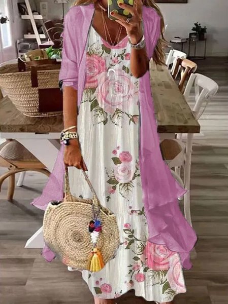 

V Neck Regular Fit Boho Floral Two-Piece Set, Rose red, Casual Dresses