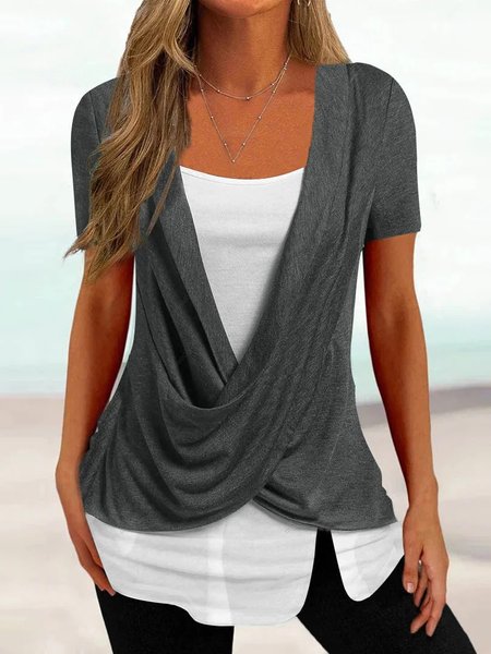 

Crew Neck Casual Cross Plain T-Shirt, Gray, T-Shirts