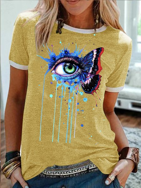 

Women's Watercolor Butterfly Eyes Funny Graphic Printing Casual Crew Neck Cotton-Blend T-Shirt, Yellow, T-shirts