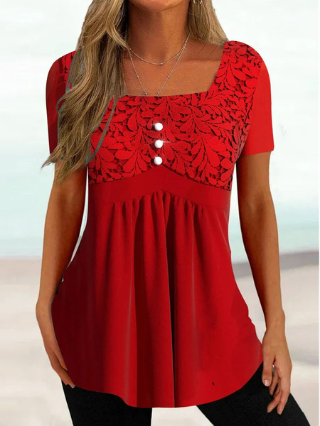 

Vacation Plain Square Neck T-Shirt, Red, T-Shirts