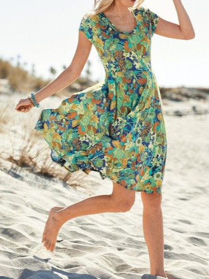 Loose Casual Crew Neck Floral Dress, Green, Dresses