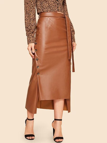 

Elegant Regular Fit Pu Plain Micro-Elasticity Skirt, Camel, Skirts
