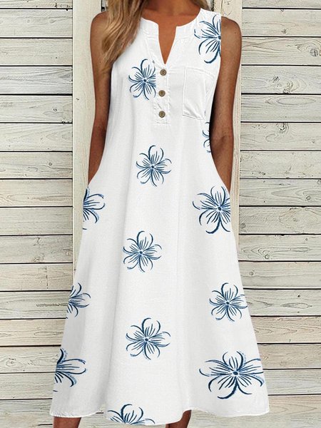

Regular Fit Geometric V Neck Casual Dress, White, Midi Dresses