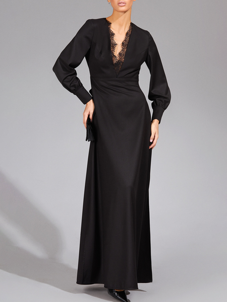 

Elegant Plain Regular Fit Lace Dress, Black, Maxi Dresses