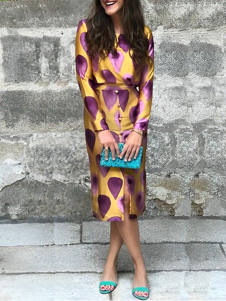 

Elegant Crew Neck Geometric Regular Fit Dress, Purple, Midi Dresses