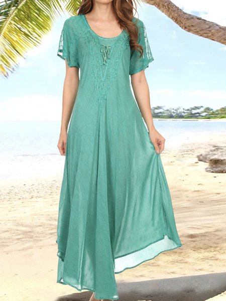 

Loose Vacation V Neck Plain Dress, Green, Dresses