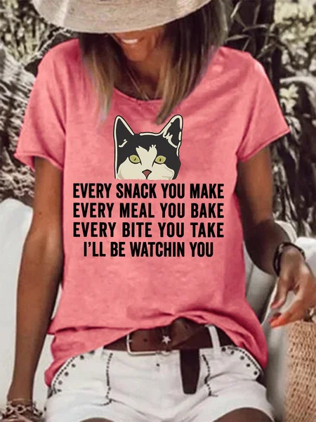 

Women's Every Snack You Make Every Meal You Bake Every Bite You Take I'Ll Be Watching You Funny Back White Cat Graphic Printing Text Letters Casual Cotton T-Shirt, Red, T-shirts