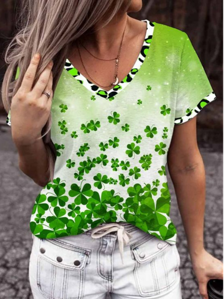 

Floral Regular Fit V Neck Casual T-Shirt, Green, T-Shirts