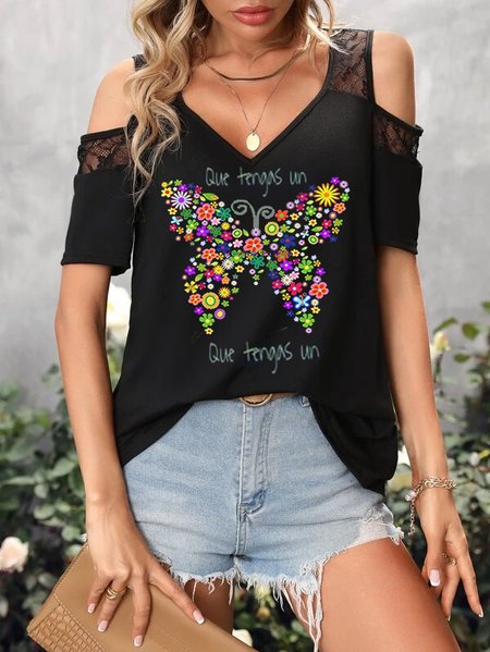 

Loose Others Butterfly Casual T-Shirt, Black, T-Shirts