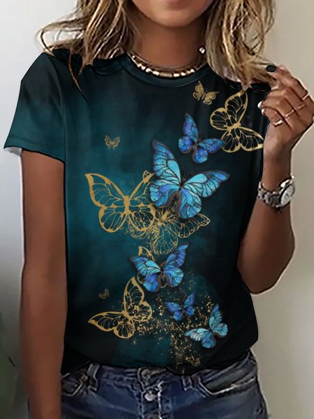 

Women's Golden Butterfly Art Printing Loose Casual Crew Neck T-Shirt, As picture, T-shirts