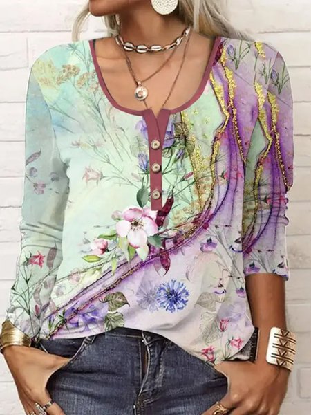 

Round Neck Casual Loose Floral Print Long Sleeve T-shirt, Multicolor, T-Shirts