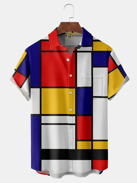 

Art Painting Chest Pocket Short Sleeve Casual Shirt, White, Men Shirts