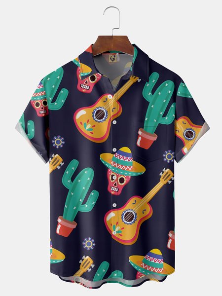 

Cinco de Mayo Chest Pocket Short Sleeve Casual Shirt, Blue, Men Shirts