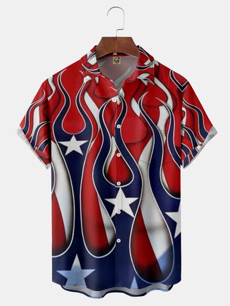 

American Flag Flame Chest Pocket Short Sleeve Casual Shirt, Red, Men Shirts