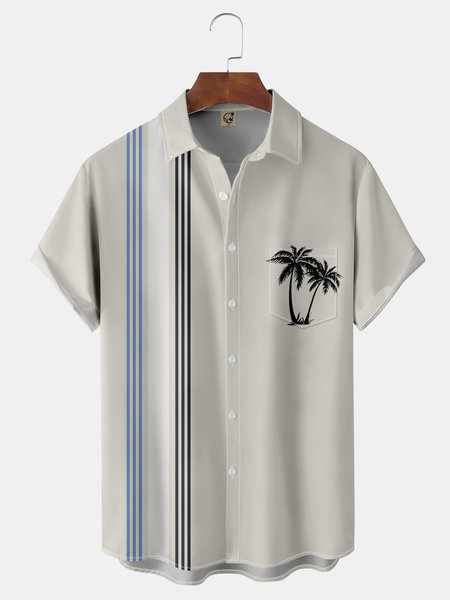 

Coconut Tree Chest Pocket Short Sleeve Bowling Shirt, White, Men Shirts