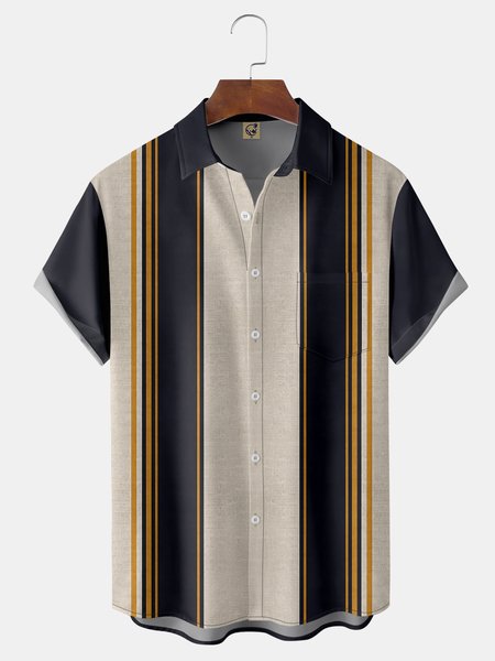 

Color Block Chest Pocket Short Sleeve Bowling Shirt, Khaki, Men Shirts