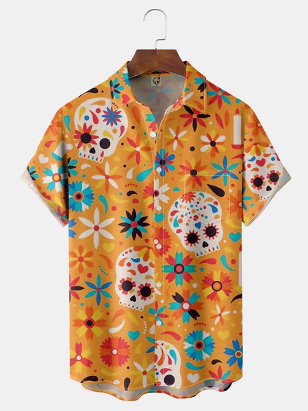 

Cinco de Mayo Chest Pocket Short Sleeve Casual Shirt, Orange, Men Shirts