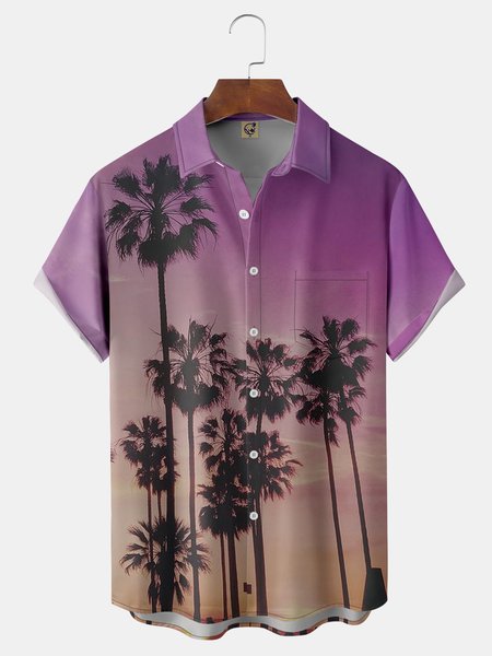 

Coconut Tree Chest Pocket Short Sleeve Hawaiian Shirt, Purple, Men Shirts