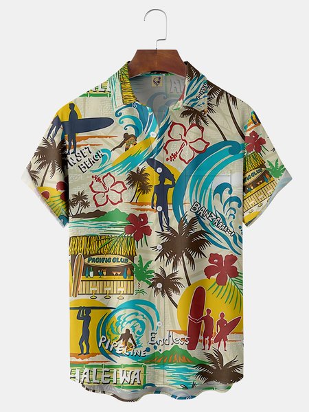 

Surfing Chest Pocket Short Sleeve Hawaiian Shirt, Khaki, Men Shirts