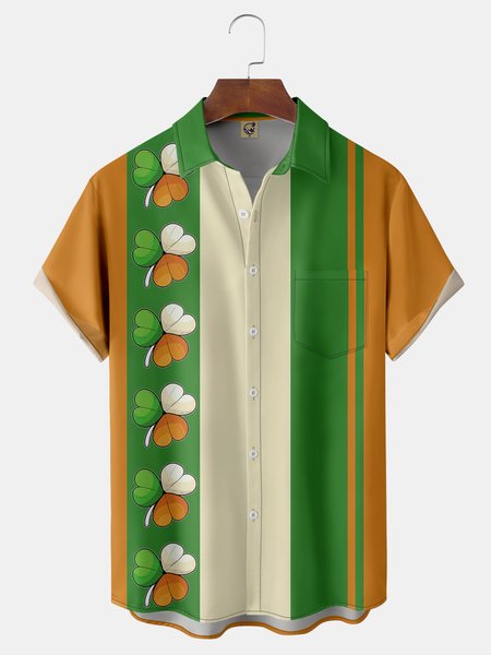 

St. Patrick's Day Chest Pocket Short Sleeve Bowling Shirt, Green, Men Shirts