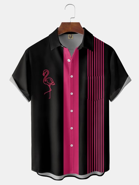 

Flamingo Chest Pocket Short Sleeve Bowling Shirt, Black, Men Shirts