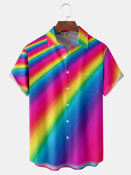 

Gradient Color Chest Pocket Short Sleeve Casual Shirt, Pink, Men Shirts